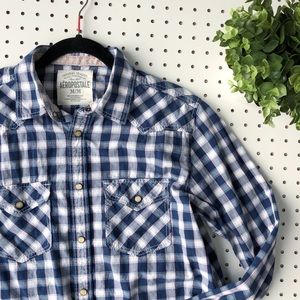 AEROPOSTALE blue gingham western style snap top